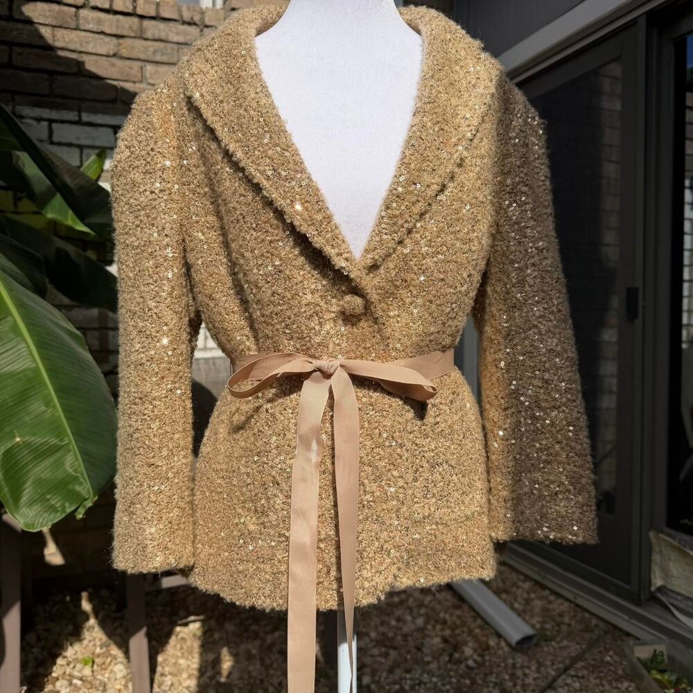 Vintage 90s Robbi & Nikki Women's Sparkling Gold Sequin Belted Jacket Large